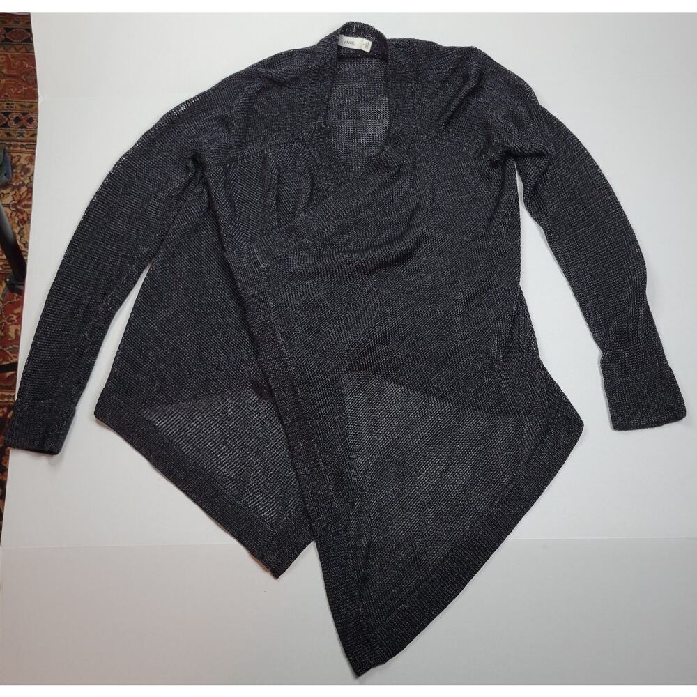 Vince Metallic Thread Mesh Waterfall Open Cardigan Women's Sze S Black Y2K Sheer